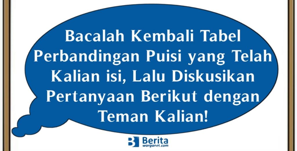 Bacalah Kembali Tabel Perbandingan Puisi yang Telah Kalian isi, Lalu Diskusikan Pertanyaan Berikut dengan Teman Kalian!