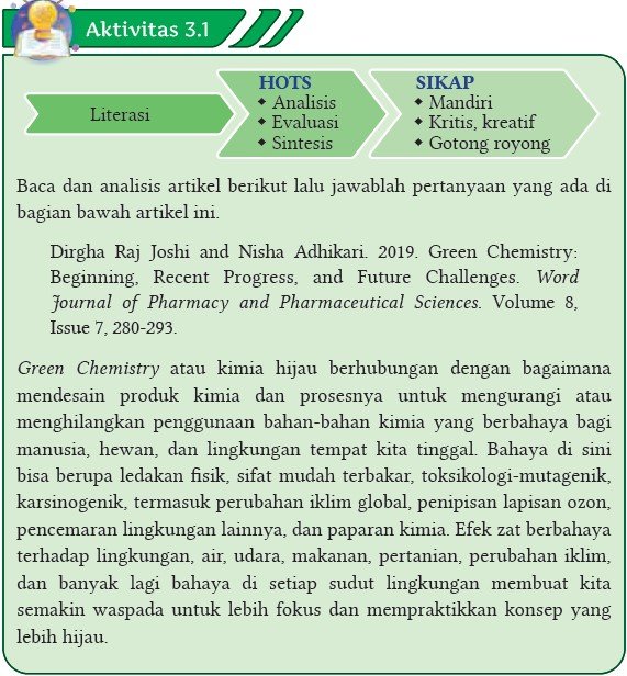 Kunci Jawaban Aktivitas 3.1 halaman 59 dan 60 Kimia Hijau IPA SMA Kelas