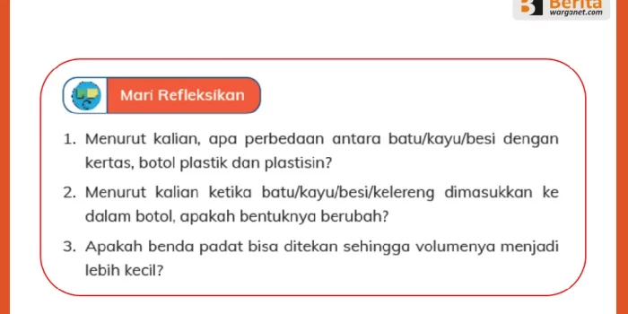 Jawaban IPAS Kelas 4 Soal Refleksi tentang Benda Padat
